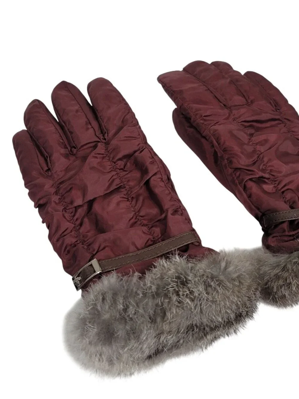 Womens Burgundy Gloves Faux Fur Trim Strap